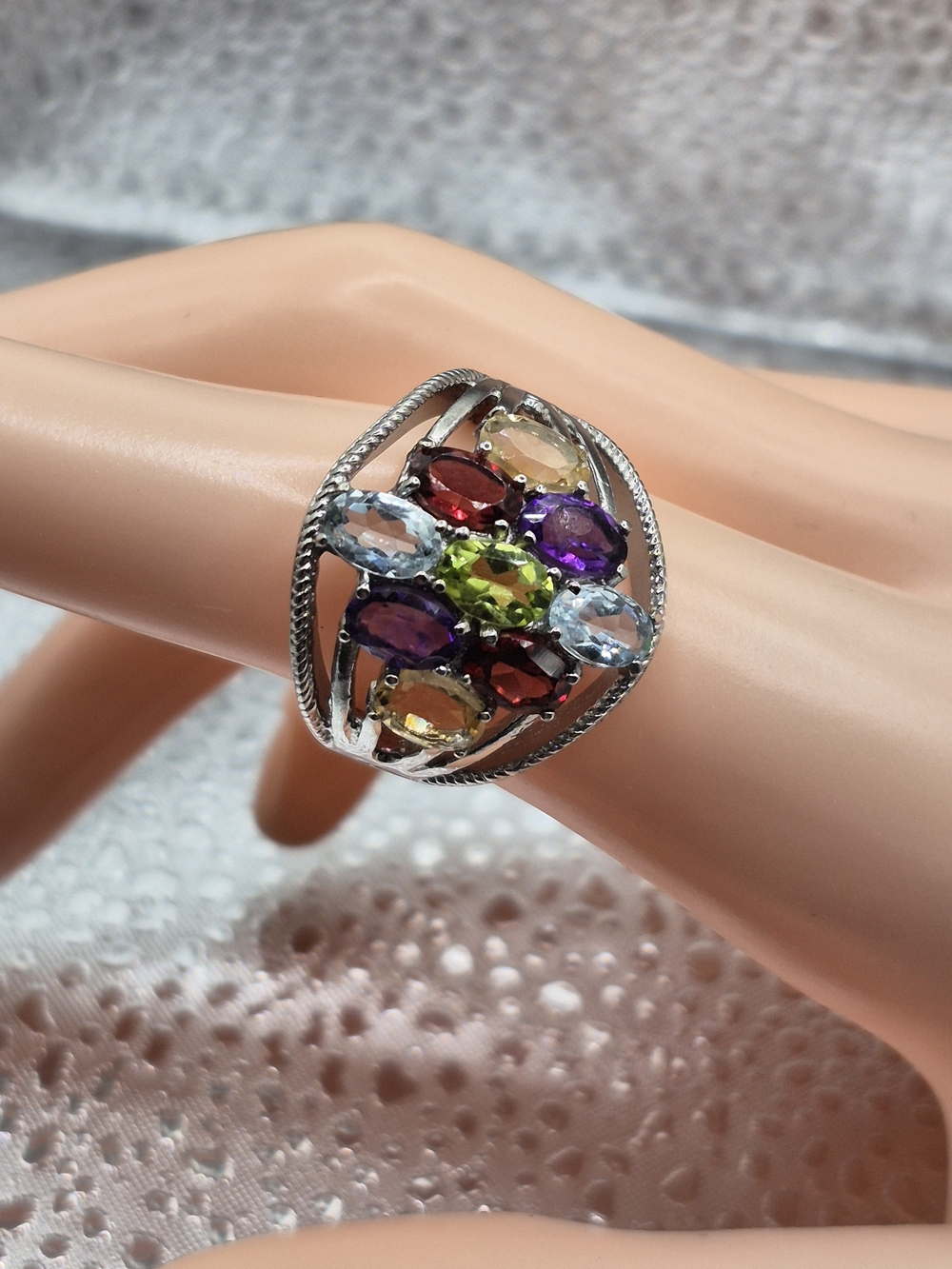 Multi-Color Gemstone Silver Ring with Floral Cluster